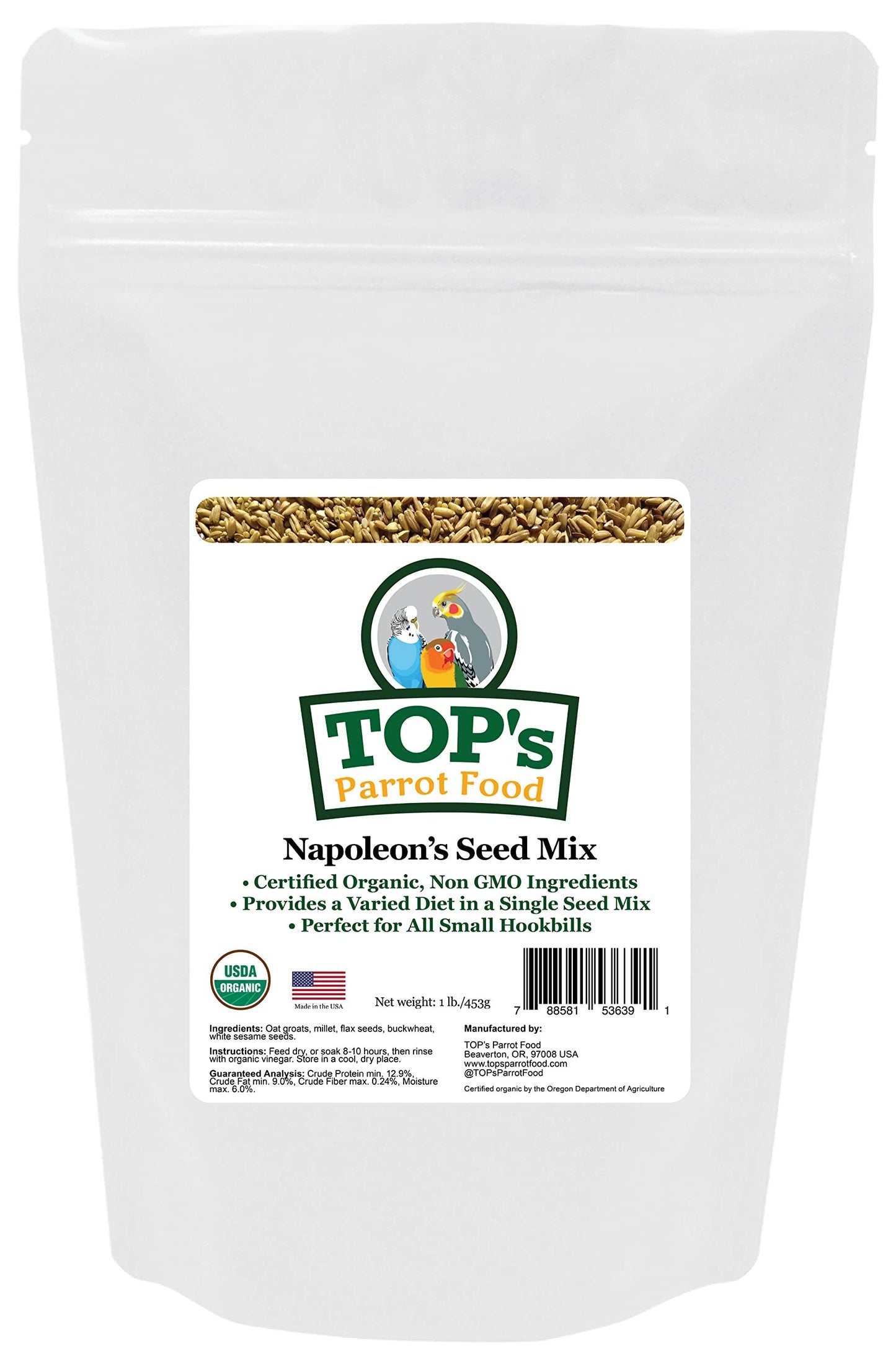 TOP's Napoleon's Seed Mix for All Small Hookbills, Non-GMO, Soy Free, Corn Free, USDA Organic Certified, 1 lb