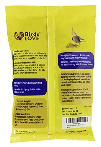 Birds LOVE Economy & Thin Special Spray Millet GMO-Free No Pesticides (No Stems Only Edible Tops) for Birds Cockatiel Lovebird Parakeet Finch Canary All Parrots Healthy Treat - 7oz (2pk)