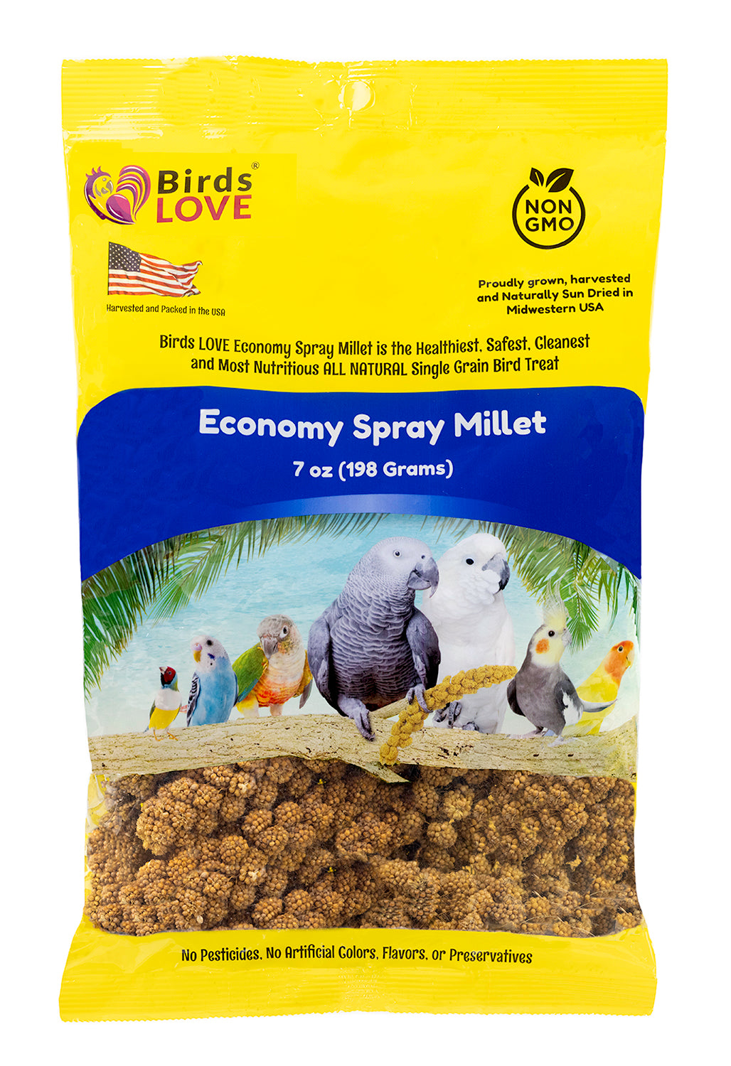 Birds LOVE Economy & Thin Special Spray Millet GMO-Free No Pesticides (No Stems Only Edible Tops) for Birds Cockatiel Lovebird Parakeet Finch Canary All Parrots Healthy Treat - 7oz