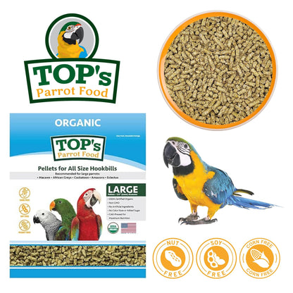 TOP's Parrot Food Pellets Hookbills, Small, Medium and Large Parrots - Non-GMO, Peanut Soy & Corn Free, USDA Organic Certified - 4 lb / 1.81 kg