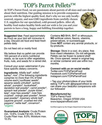 TOP's Parrot Food Mini Pellets Bird Food for Budgies, Cockatiels, Parrotlets, Lovebirds, Parakeets - USDA Certified Organic - 25 lbs