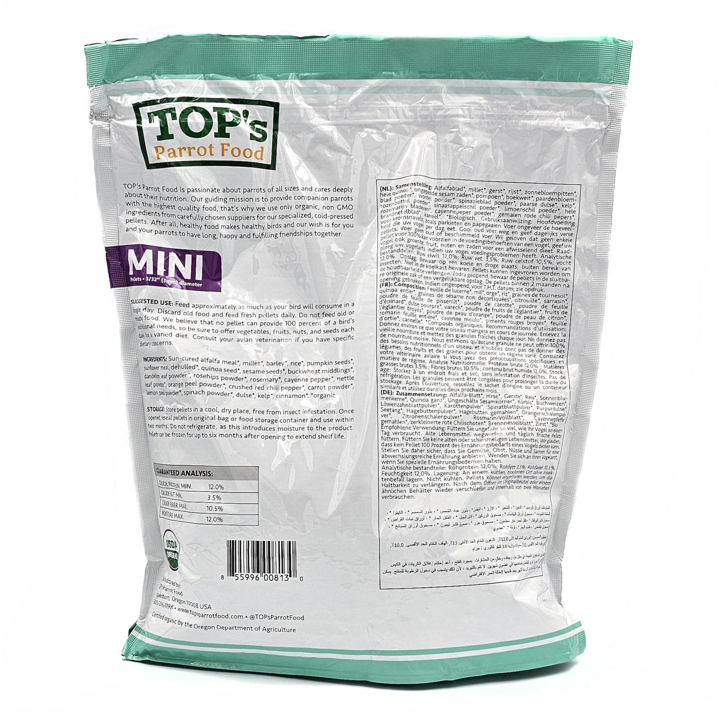 TOP's Parrot Food Mini Pellets Bird Food for Budgies, Cockatiels, Parrotlets, Lovebirds, Parakeets - Non-GMO, Peanut Soy & Corn Free, USDA Organic Certified - 4LBS