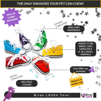 Birds LOVE 6 pk 1-Grommet only Mini Sneakers Shoes or Rubber Sandal Toys for Birds, Cats, Ferrets, Rabbits, Guinea Pigs and Small Animals