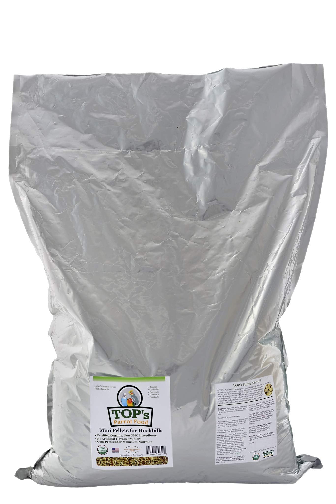 TOP's Parrot Food Mini Pellets Bird Food for Budgies, Cockatiels, Parrotlets, Lovebirds, Parakeets - USDA Certified Organic - 25 lbs