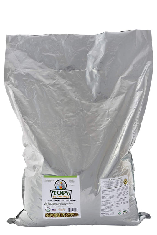 TOP's Parrot Food Mini Pellets Bird Food for Budgies, Cockatiels, Parrotlets, Lovebirds, Parakeets - USDA Certified Organic - 25 lbs