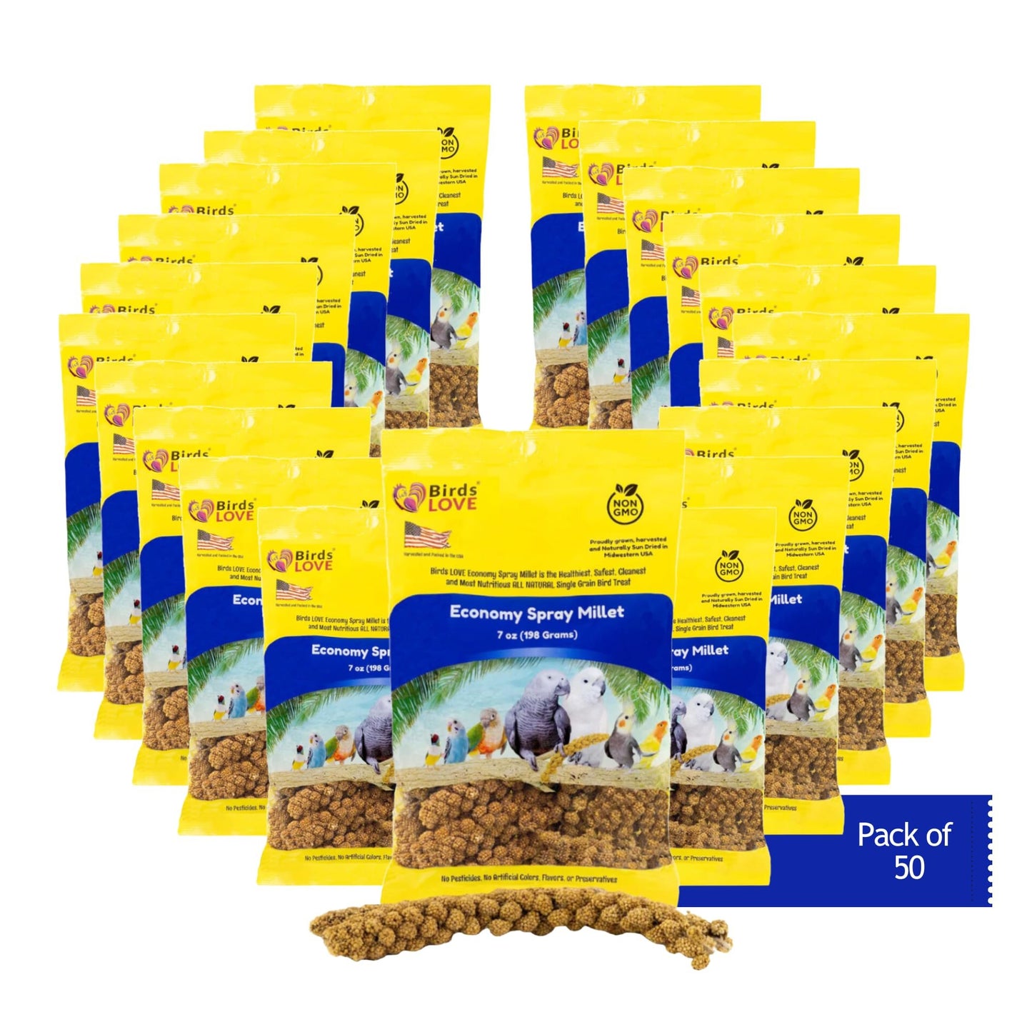 Birds LOVE Economy & Special Spray Millet GMO-Free (No Stems Only Edible Tops) for Birds Cockatiel Lovebird Parakeet Finch Canary All Parrots Healthy Treat - 7oz (Pack of 50)
