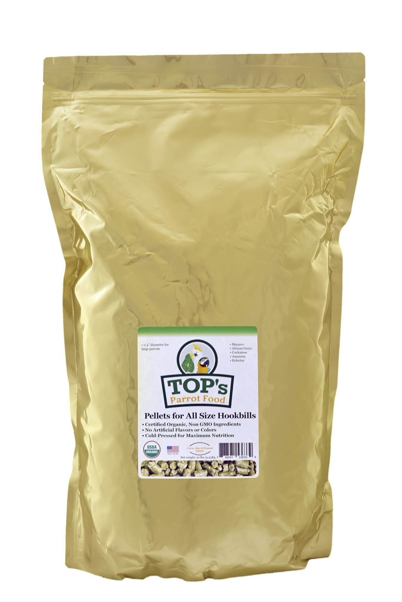 TOP's Parrot Food Pellets Hookbills, Small, Medium and Large Parrots - Non-GMO, Peanut Soy & Corn Free, USDA Organic Certified - 10 lb / 4.53 kg