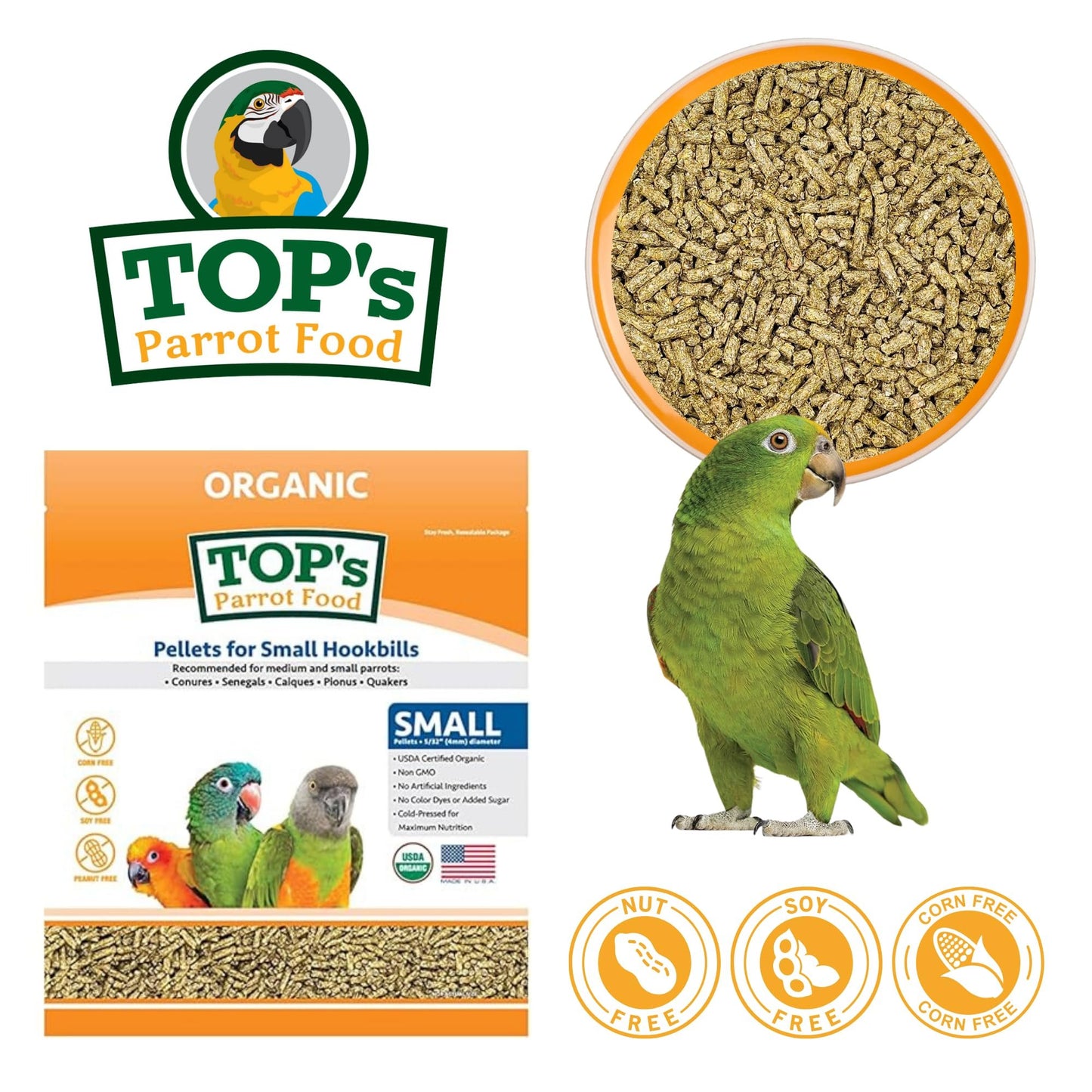 TOP's Parrot Food Bird Pellets for Small Hookbills - Non-GMO, Peanut Soy & Corn Free, USDA Organic Certified (10lbs)