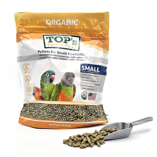 TOP's Parrot Food Bird Pellets for Small Hookbills - Non-GMO, Peanut Soy & Corn Free, USDA Organic Certified (1lb)
