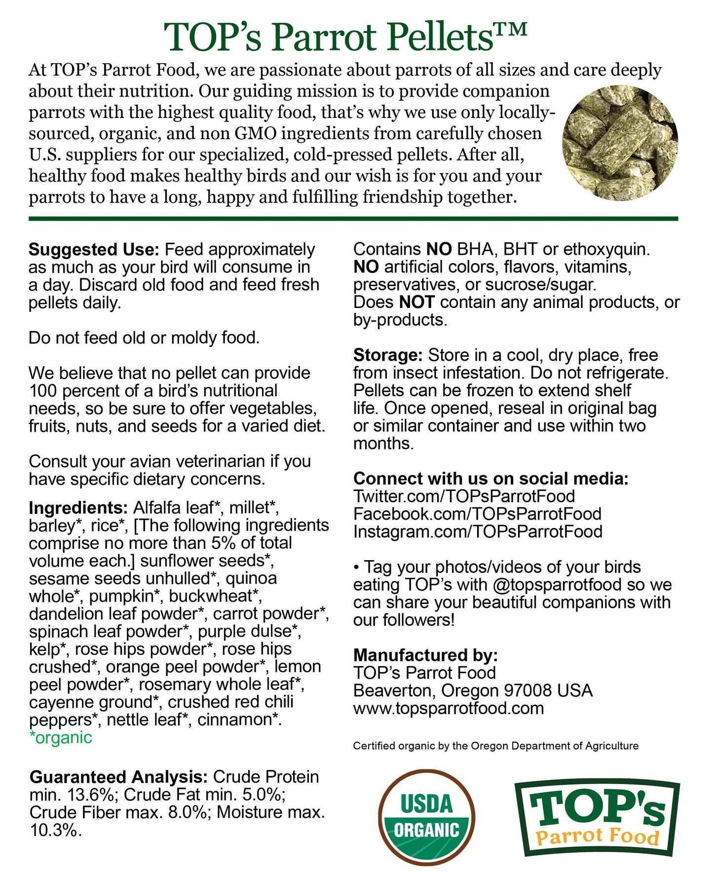 TOP's Parrot Food Pellets Hookbills, Small, Medium and Large Parrots - Non-GMO, Peanut Soy & Corn Free, USDA Organic Certified - 10 lb / 4.53 kg