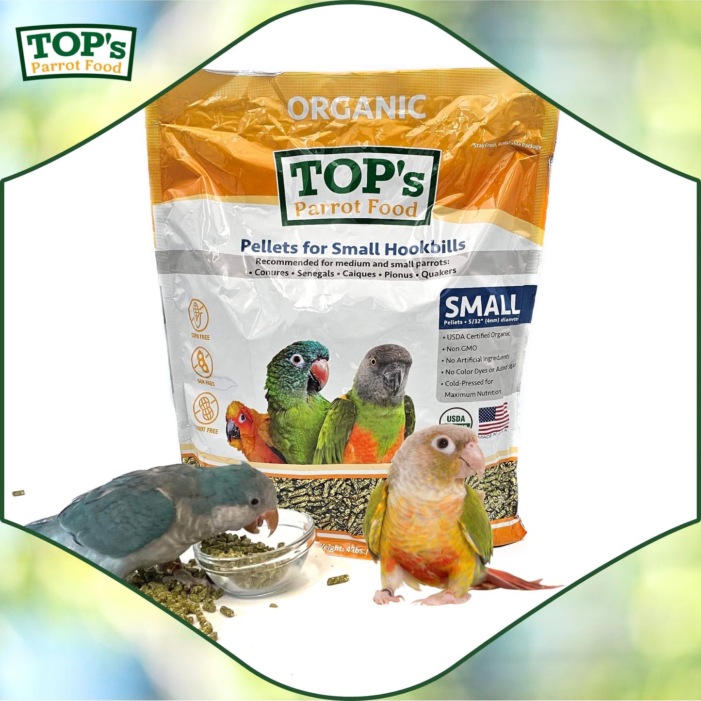 TOP's Parrot Food Bird Pellets for Small Hookbills - Non-GMO, Peanut Soy & Corn Free, USDA Organic Certified - 25 lb Bag