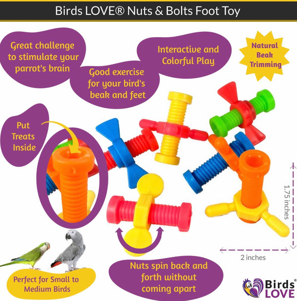Birds LOVE 4-Pack Nuts n Bolts Foot Toy, Bite and Play, for Small to Medium Parrots