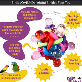 Birds LOVE Binkies Foot Parrot Toy, Cage or Playgym, Pacifiers and Rubber Woven Stars for Medium Birds