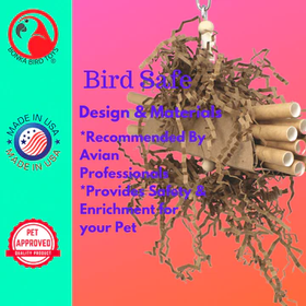 MinrzPet Interactive Bird Toy – Wooden Star Blocks & Leather Knots | Hanging Foraging Ball With Bell For Parrots