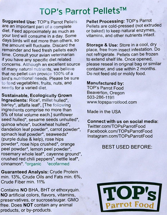 TOP's Organic and GMO-Free on All Tops Listing Titles Parrot Pellets for All Size Hookbills - 10lb