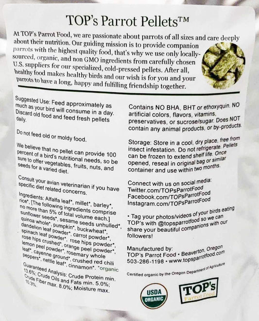 TOP's Organic and GMO-Free on All Tops Listing Titles Parrot Food Small Pellets for Birds - 12oz / 340g