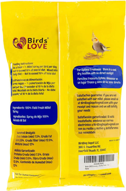 Birds LOVE Economy & Thin Special Spray Millet GMO-Free No Pesticides (No Stems Only Edible Tops) for Birds Cockatiel Lovebird Parakeet Finch Canary All Parrots Healthy Treat - 7oz (2pk)
