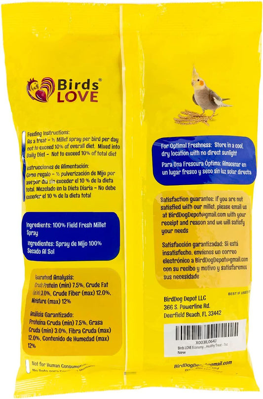 Birds LOVE Economy & Thin Special Spray Millet GMO-Free No Pesticides (No Stems Only Edible Tops) for Birds Cockatiel Lovebird Parakeet Finch Canary All Parrots Healthy Treat - 7oz (2pk)