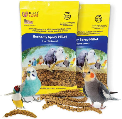 Birds LOVE Economy & Thin Special Spray Millet GMO-Free No Pesticides (No Stems Only Edible Tops) for Birds Cockatiel Lovebird Parakeet Finch Canary All Parrots Healthy Treat - 7oz (2pk)
